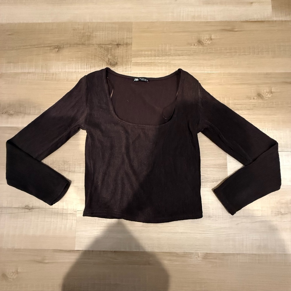 Zara Chocolate Brown Texture Scoop Neck Top Size Medium
